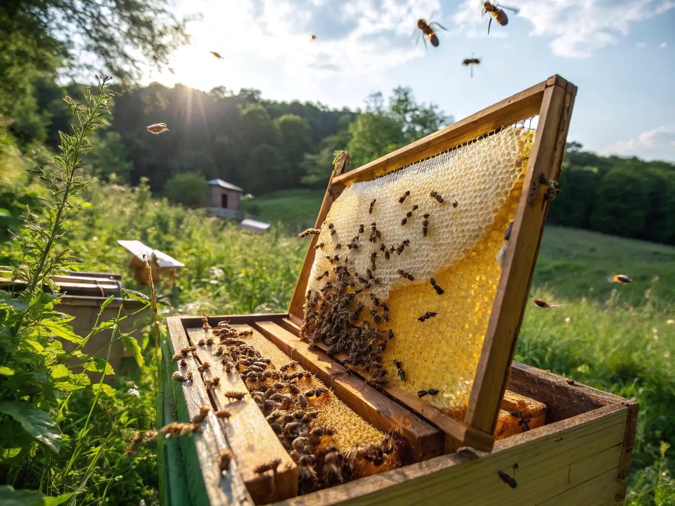 A honeycomb dripping with golden honey, with bees buzzing around it. The image should convey the natural and unprocessed state of the honey, emphasizing its purity and rawness.